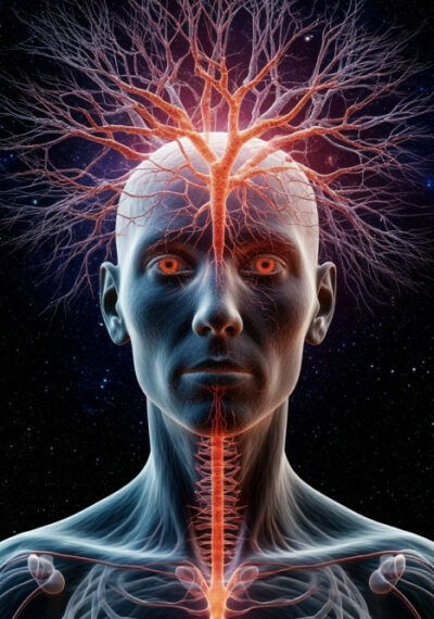 Изображение человека с системой нервов и мозгом в виде дерева.