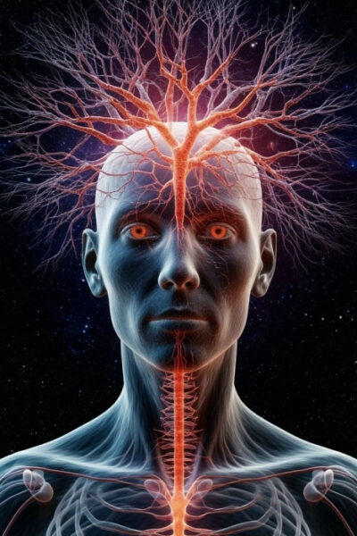 Изображение человека с системой нервов и мозгом в виде дерева.