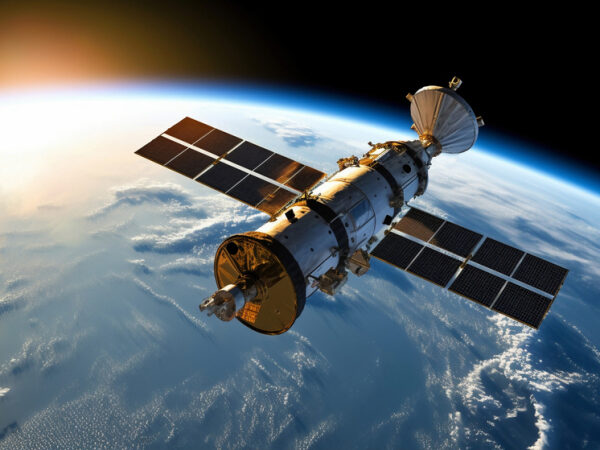 Экипаж с космонавтом Федяевым прибыл на космодром во Флориде 3 Спутник на орбите Земли на фоне солнечного света и облаков.