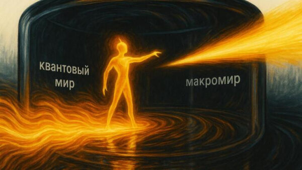 Светящаяся фигура на границе квантового мира и макромира, направляя энергию.