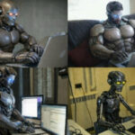 Роботы работают за ноутбуками. Технологии, искусственный интеллект, футуризм.