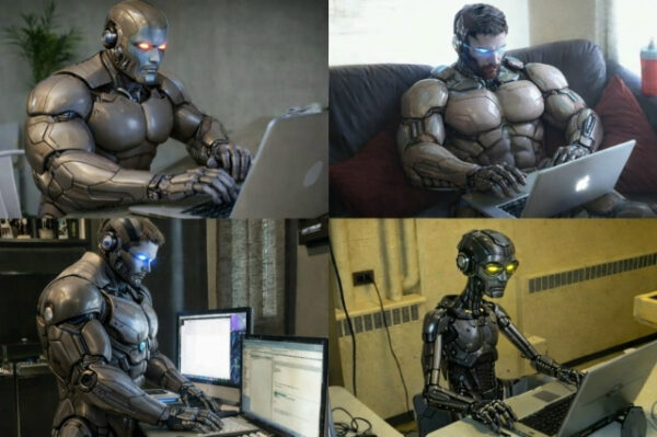 Роботы работают за ноутбуками. Технологии, искусственный интеллект, футуризм.