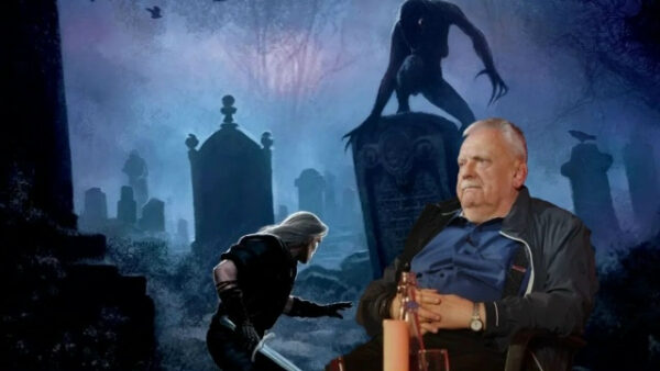 Сцена на кладбище с охотником и монстром в ночи.