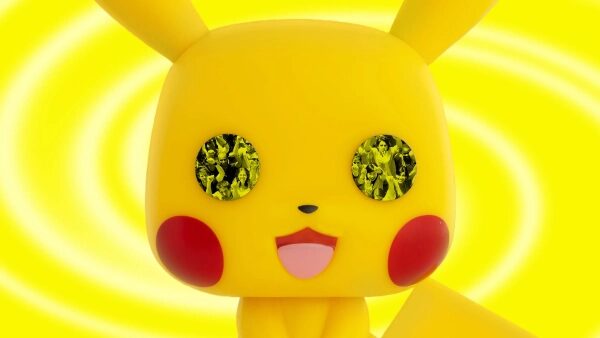 Жёлтый персонаж с красными щёками и круглыми глазами на ярком фоне.