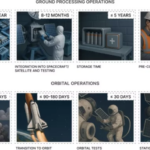 Процесс подготовки и эксплуатации космических аппаратов: производство, тесты, запуск, обслуживание.