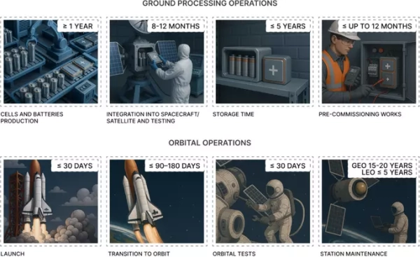 Процесс подготовки и эксплуатации космических аппаратов: производство, тесты, запуск, обслуживание.
