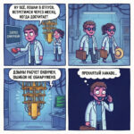 Комикс о запуске квантовой симуляции и неожиданных результатах в лаборатории.