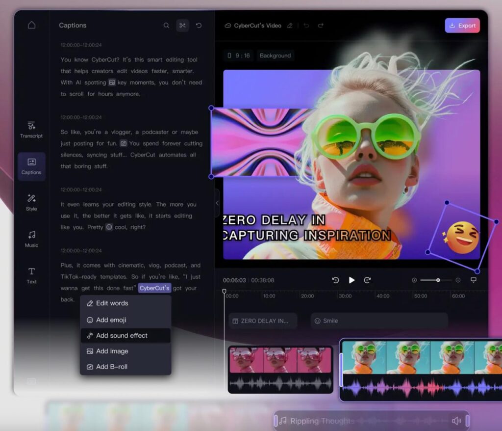 Редактирование видео со вставками текста и эмодзи в программе CyberCut.