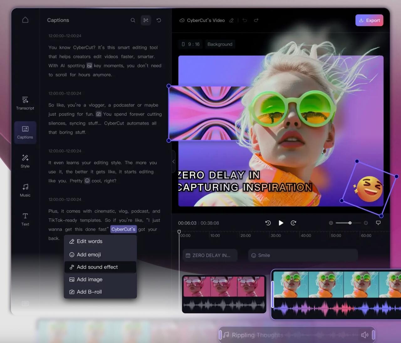 CyberCut — ИИ-монтаж видео за пару кликов Онлайн-редактор, который забирает... 1 Редактирование видео со вставками текста и эмодзи в программе CyberCut.