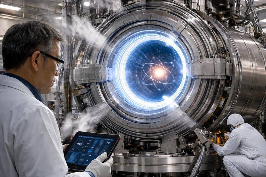 Учёные проводят эксперимент на ядерном реакторе с использованием планшета и защитных костюмов.