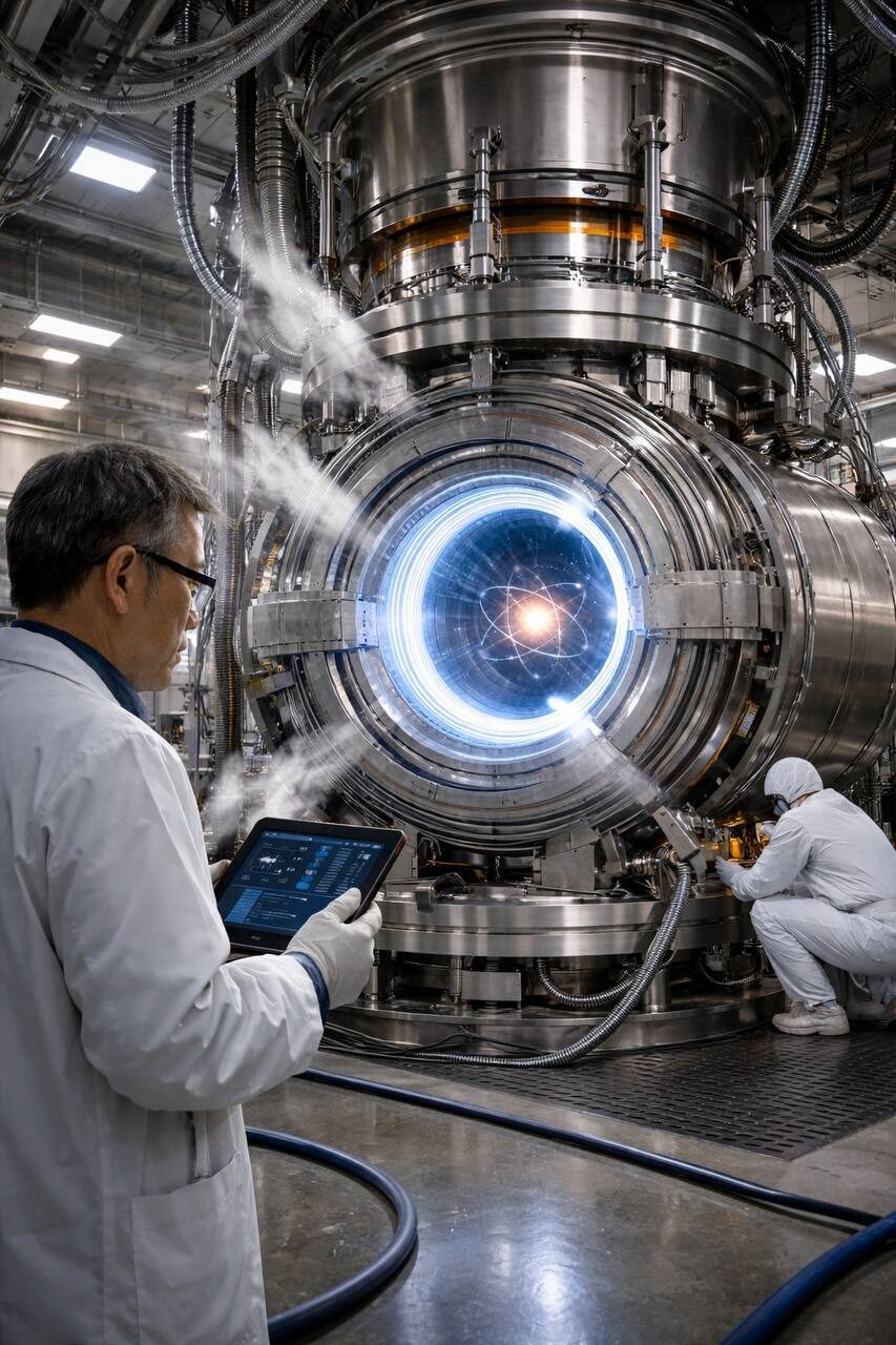 Учёные проводят эксперимент на ядерном реакторе с использованием планшета и защитных костюмов.