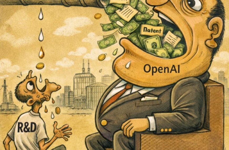 Карикатура о финансировании OpenAI: патенты и деньги из ChatGPT, учёный просит помощь.
