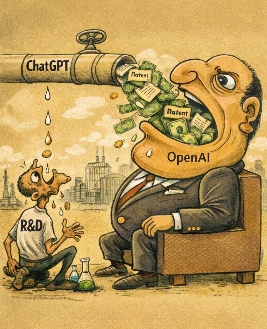 Карикатура о финансировании OpenAI: патенты и деньги из ChatGPT, учёный просит помощь.