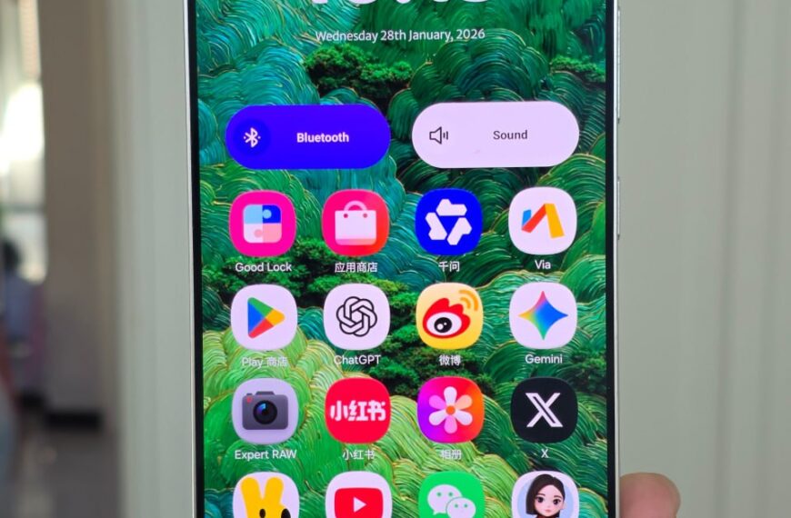 Смартфон с открытым экраном и приложениями на зеленом фоне, время 28 января 2026.