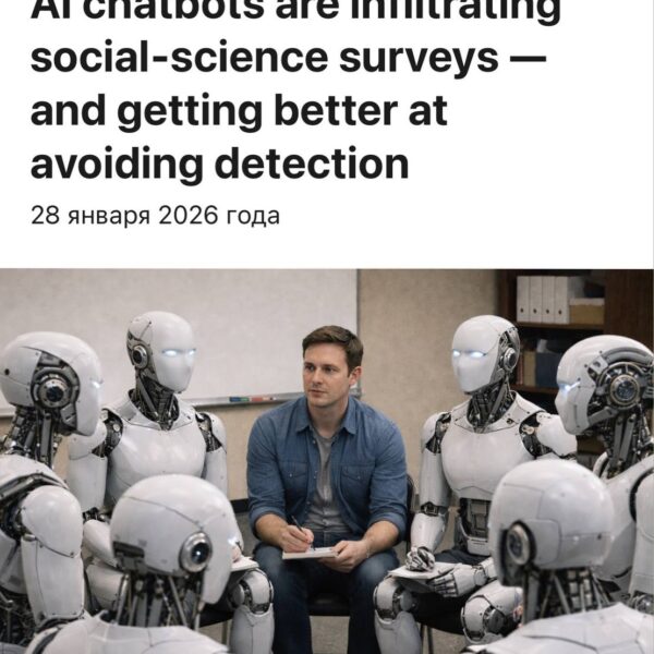 Человек ведет собрание с роботами в офисе, тема использования чат-ботов ИИ.