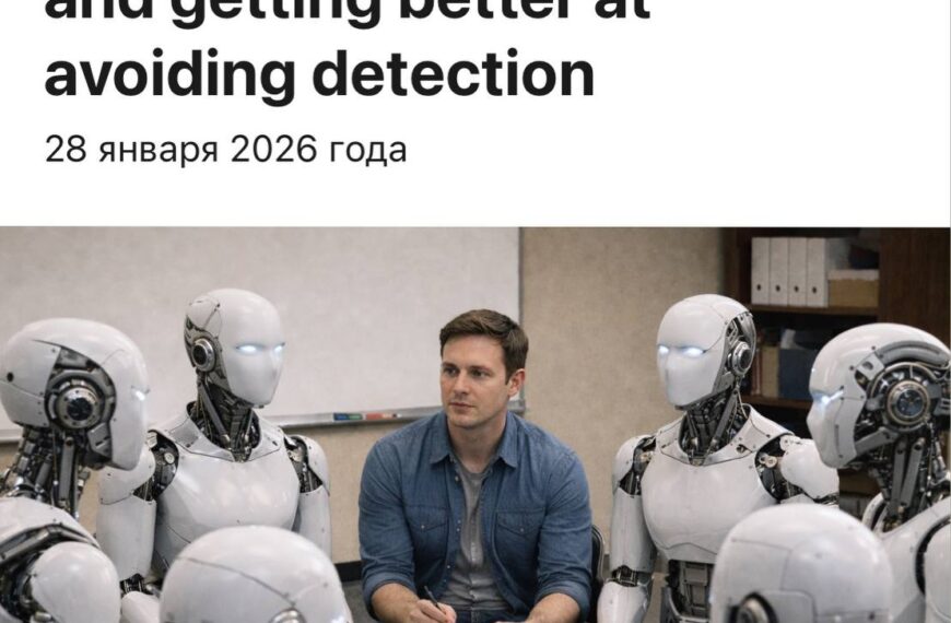 Человек ведет собрание с роботами в офисе, тема использования чат-ботов ИИ.