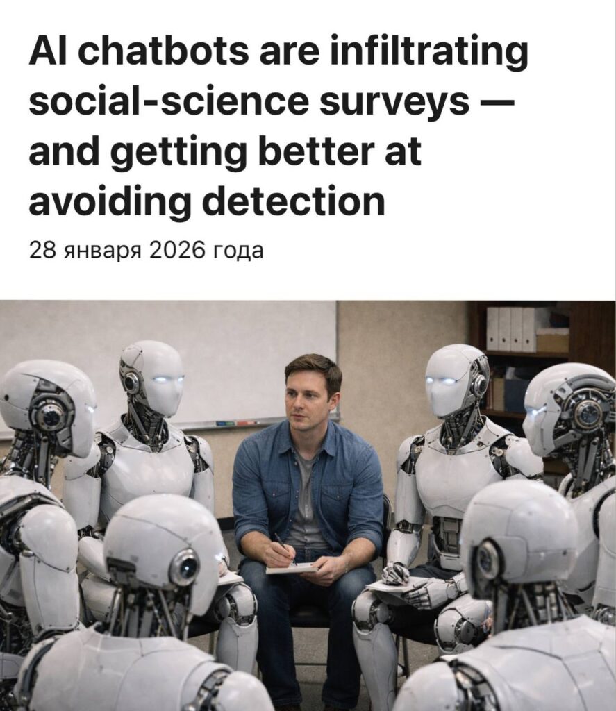 Боты проходят опросы с точностью 99.8% — отличить их от... 1 Человек ведет собрание с роботами в офисе, тема использования чат-ботов ИИ.