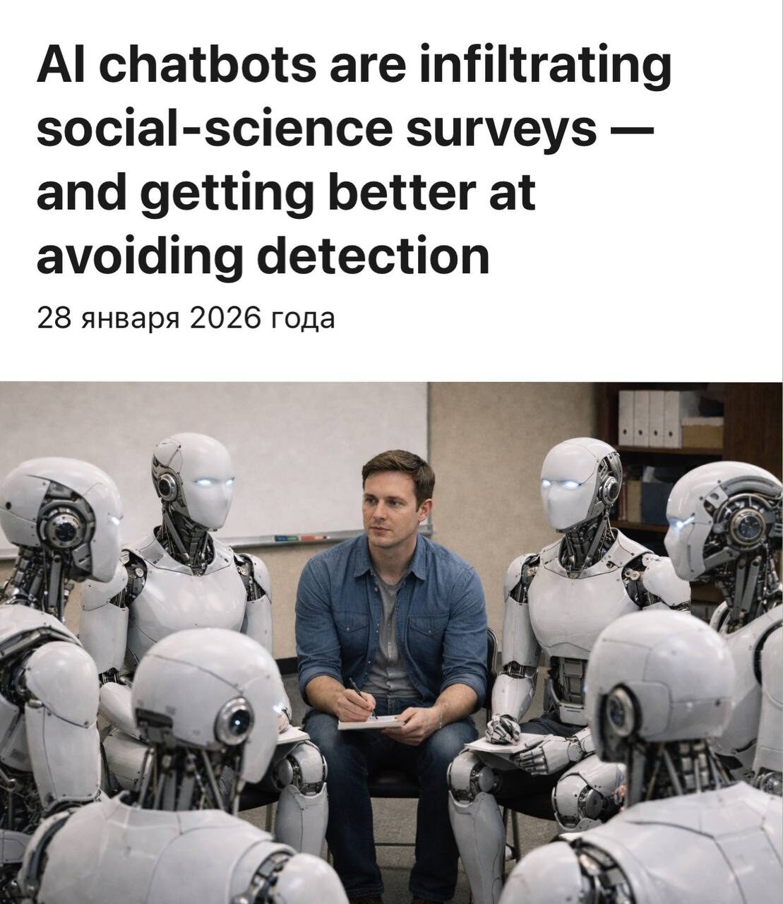 Человек ведет собрание с роботами в офисе, тема использования чат-ботов ИИ.