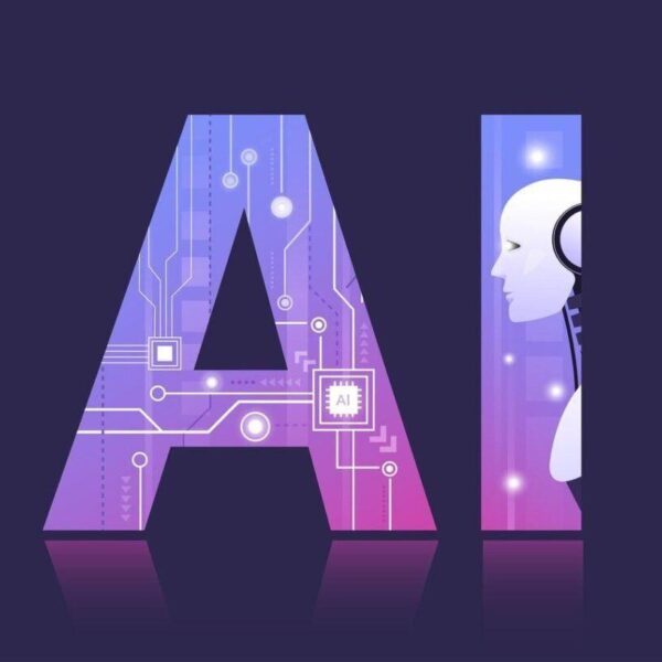 Буквы "AI" с роботизированным лицом и схемами, представляющие искусственный интеллект.