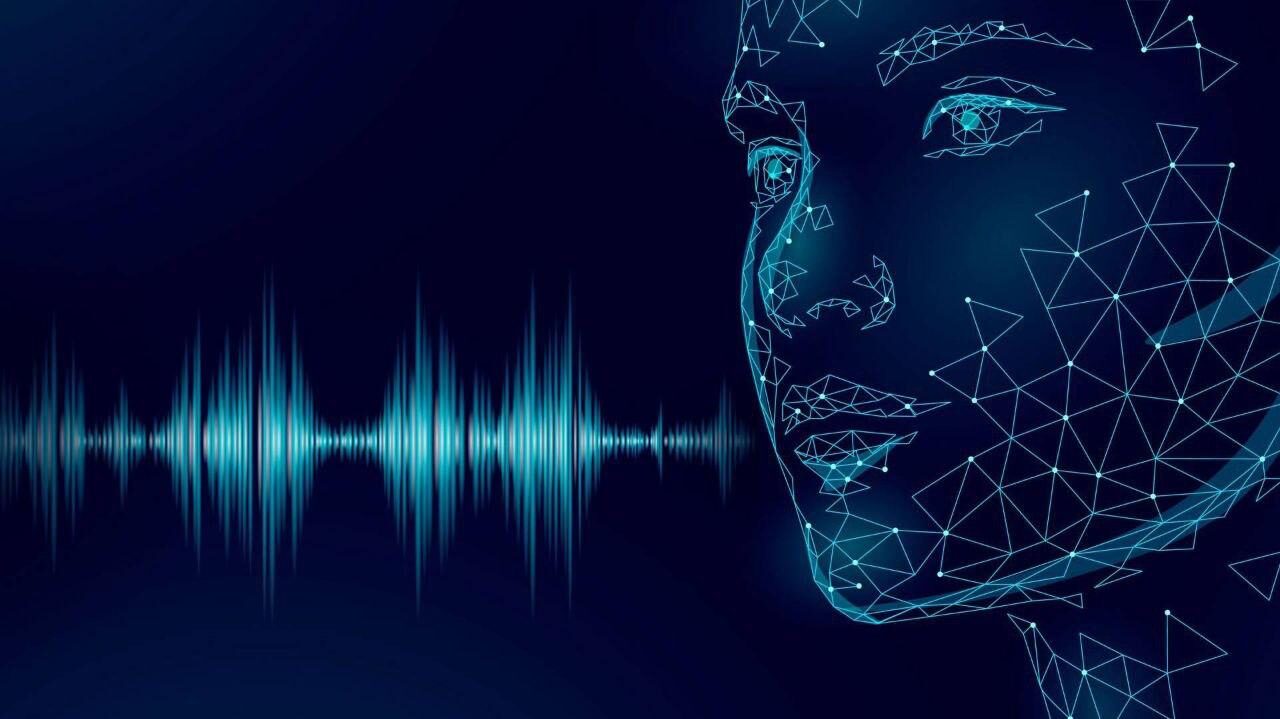 Абстрактный аудиовизуальный эквалайзер на тёмно-синем фоне с геометрическими линиями.