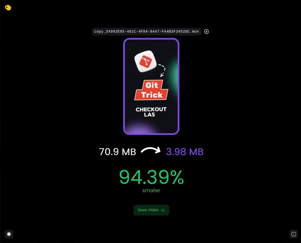 Сжатие видео с 70.9 МБ до 3.98 МБ на 94.39% с помощью Git Trick.