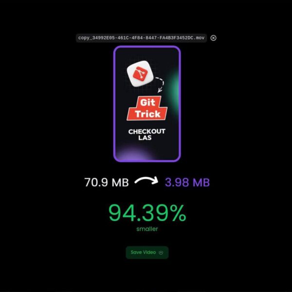 Сжатие видеофайла с 70.9 МБ до 3.98 МБ, уменьшение на 94.39%, инструмент Git Trick.
