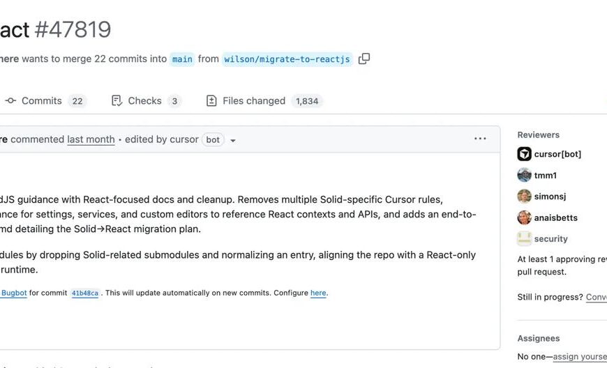 Запрос на слияние кода из SolidJS в React на GitHub, интерфейс с комментариями и изменениями.
