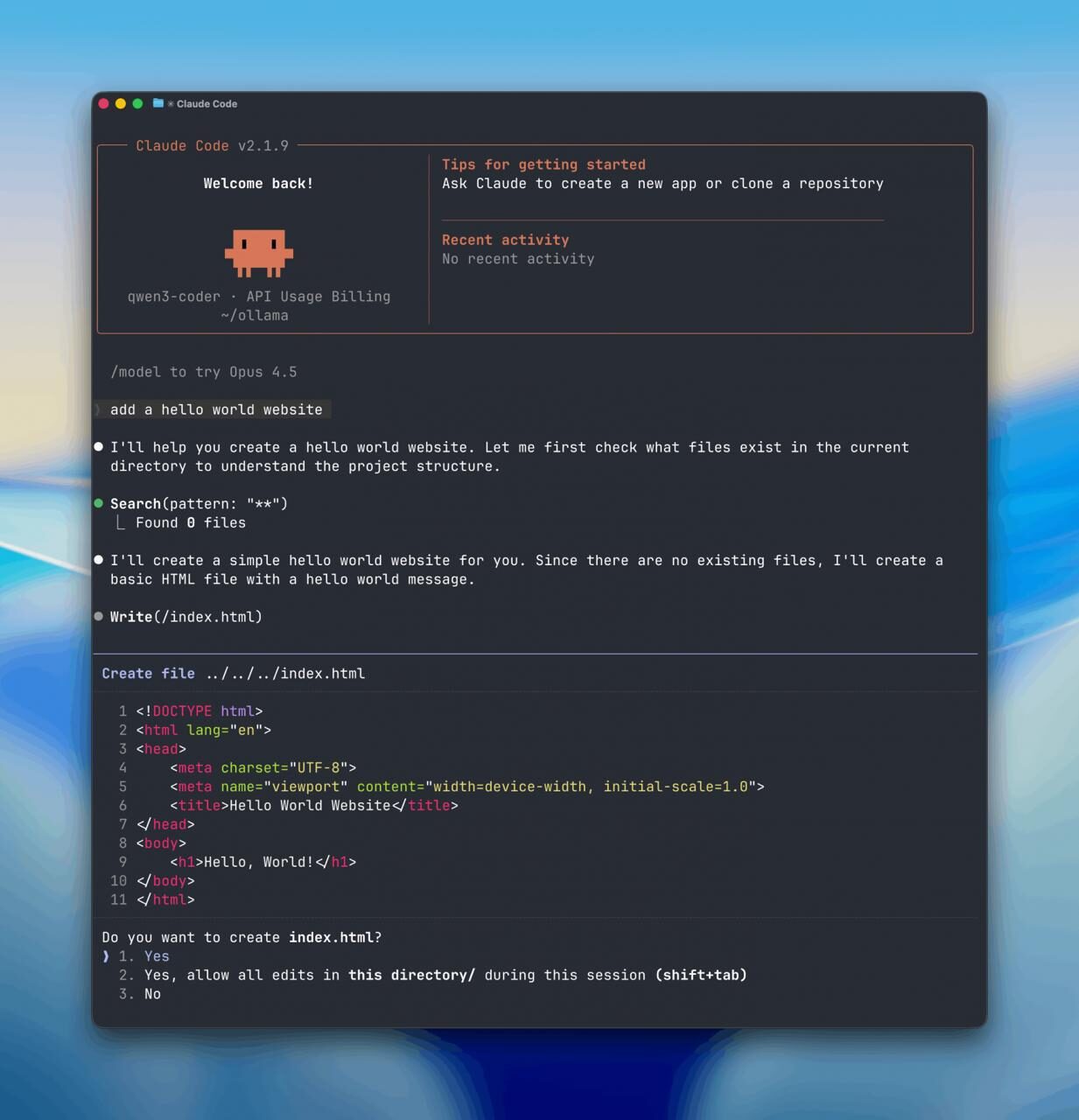 Интерфейс редактора кода с HTML-структурой для сайта «Hello World».