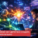 Человек за компьютером видит сети данных и технологий, надпись про AI и визуализацию.