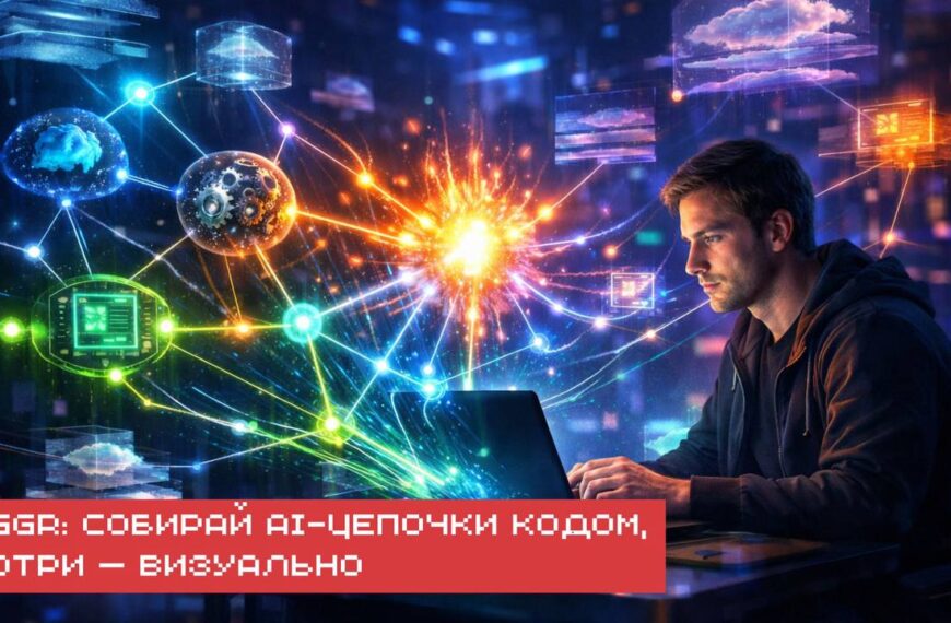 Человек за компьютером видит сети данных и технологий, надпись про AI и визуализацию.