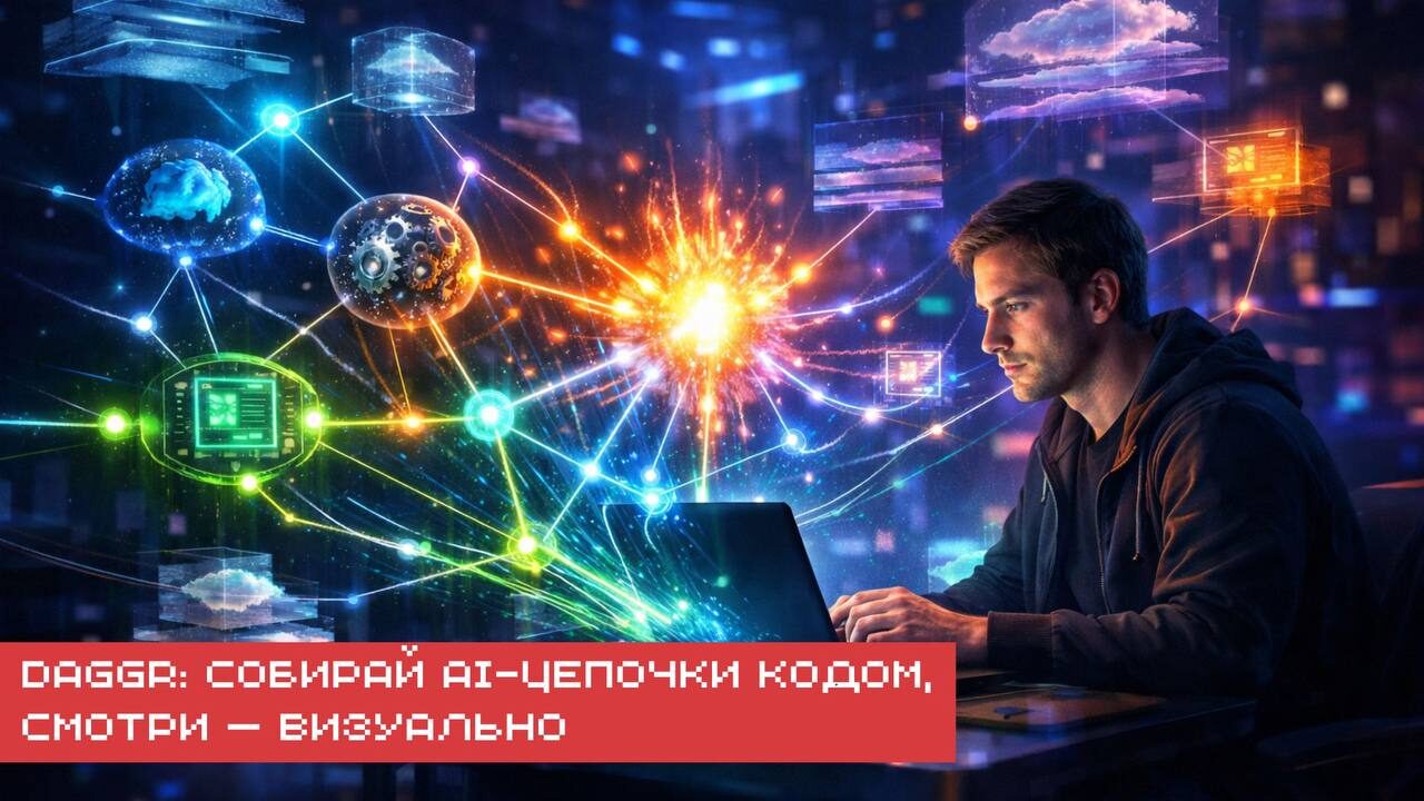 Человек за компьютером видит сети данных и технологий, надпись про AI и визуализацию.