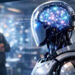 Робот с подсвеченной головой в лаборатории, человек на заднем плане.