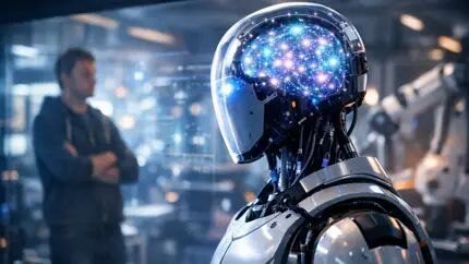 Робот с подсвеченной головой в лаборатории, человек на заднем плане.