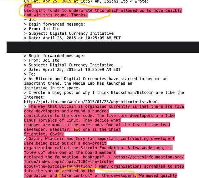 Скриншот письма о Digital Currency Initiative и биткоин-разработчиках.
