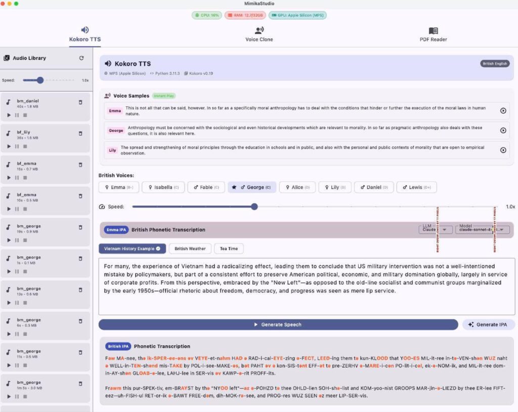 Интерфейс программы для текстового и голосового синтеза с выбором голосов и скоростью.