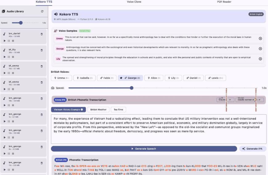 Интерфейс программы для текстового и голосового синтеза с выбором голосов и скоростью.