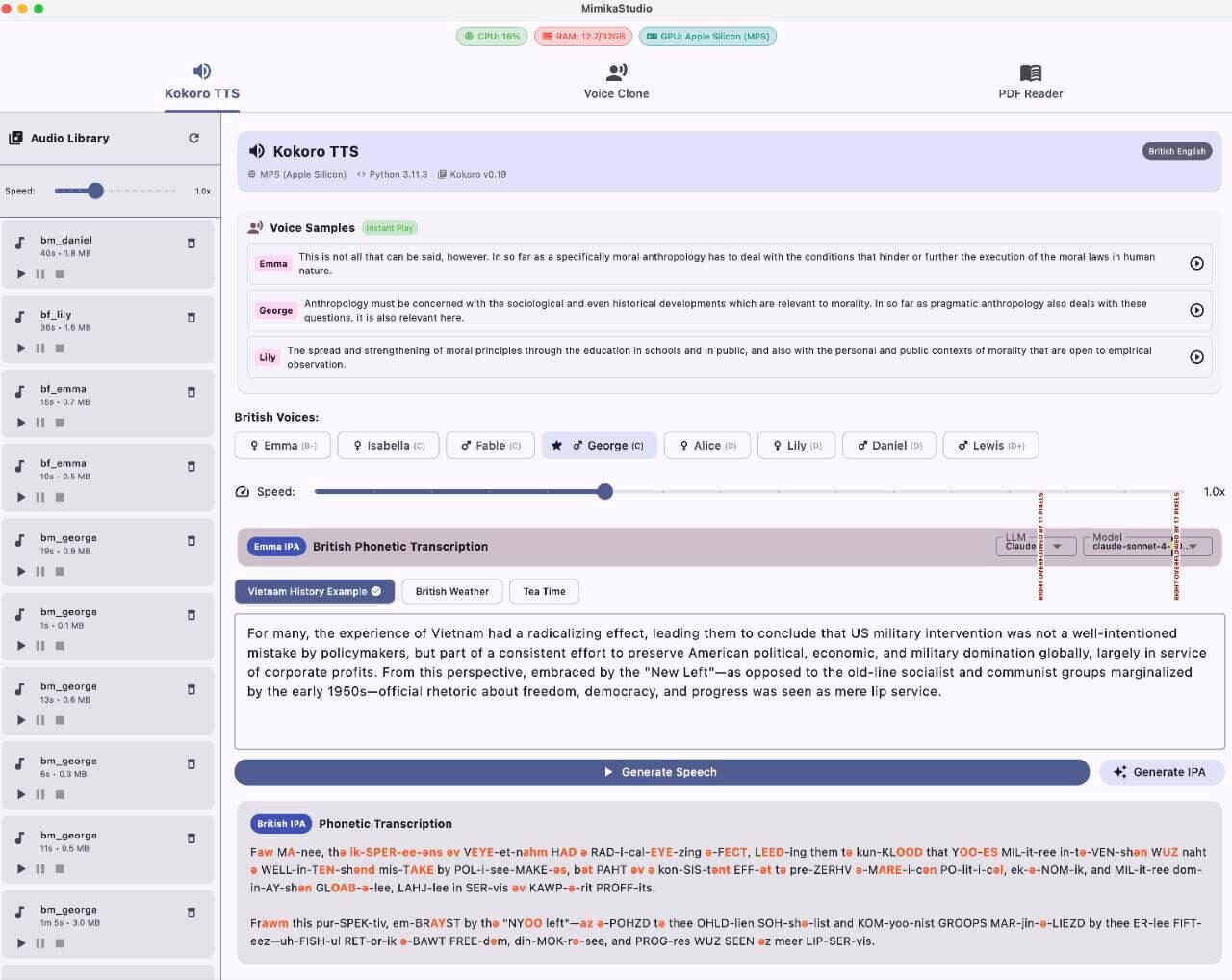 Интерфейс программы для текстового и голосового синтеза с выбором голосов и скоростью.