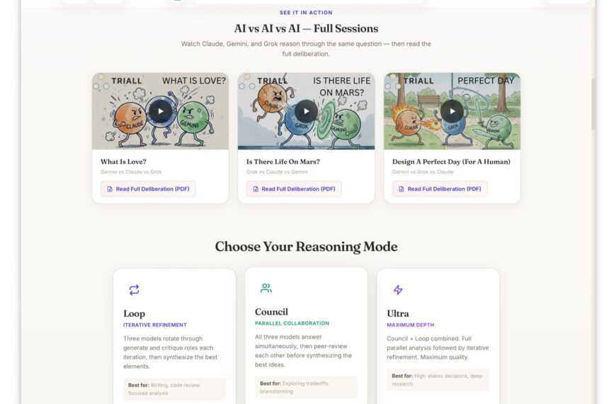 Сайт с видео о сравнении ИИ, разные режимы работы: Loop, Council и Ultra.