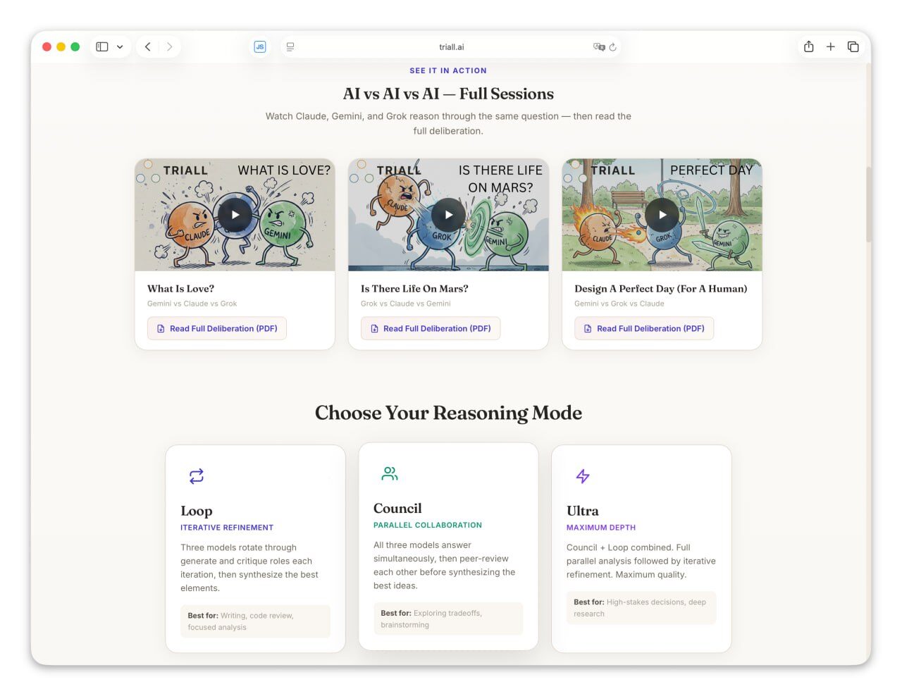 Сайт с видео о сравнении ИИ, разные режимы работы: Loop, Council и Ultra.