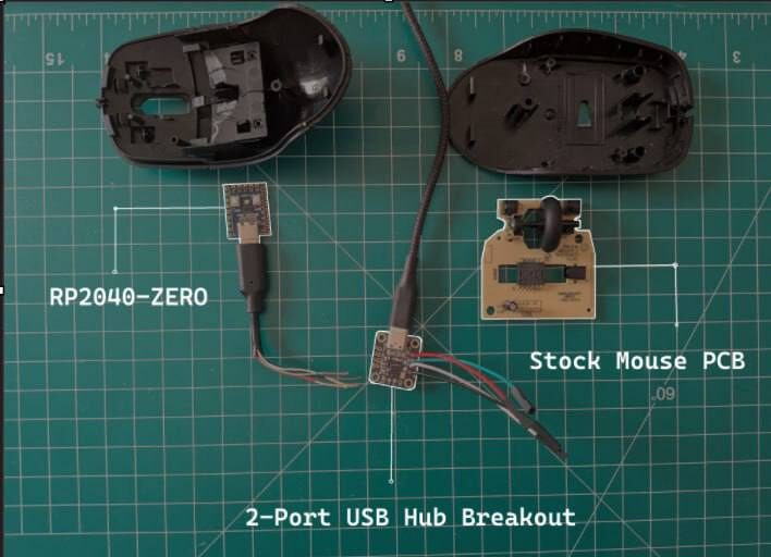 Разобранная мышь: RP2040-ZERO, плата USB-хаба, стандартная плата мыши.