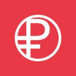 Белый символ рубля в круге на красном фоне.