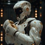 Робот-боксер в белой броне с золотыми перчатками на фоне светящихся огней.