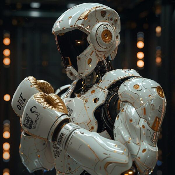 Робот-боксер в белой броне с золотыми перчатками на фоне светящихся огней.