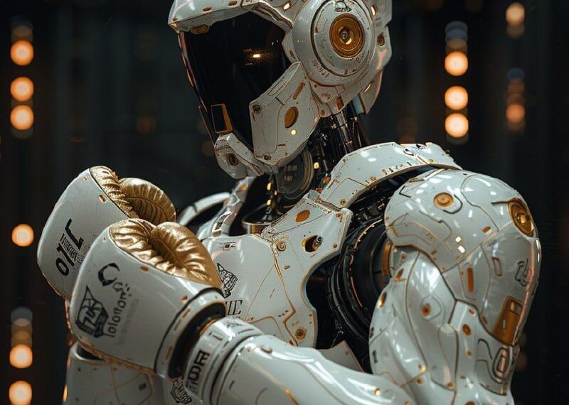 Робот-боксер в белой броне с золотыми перчатками на фоне светящихся огней.