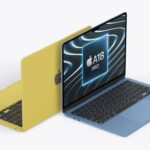 Два ноутбука в жёлтом и синем цветах, экран с изображением процессора A18 Pro.