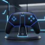 Футуристичный геймпад с подсветкой, стоящий на подставке в современном интерьере.