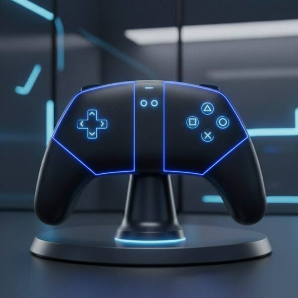 Футуристичный геймпад с подсветкой, стоящий на подставке в современном интерьере.