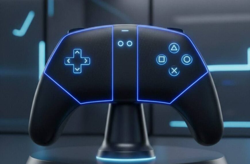 Футуристичный геймпад с подсветкой, стоящий на подставке в современном интерьере.