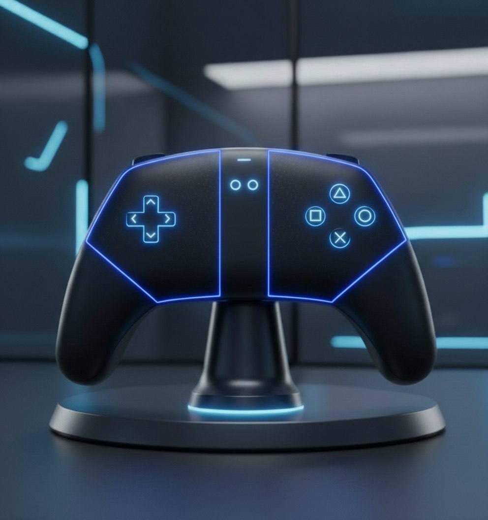 Футуристичный геймпад с подсветкой, стоящий на подставке в современном интерьере.