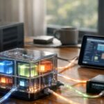 Куб с подсветкой и техникой на столе, подключенный к ноутбуку и планшету.